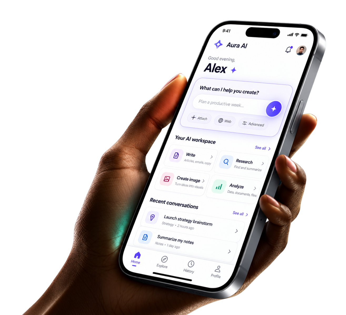 Hand holding a phone showing the Aura AI app